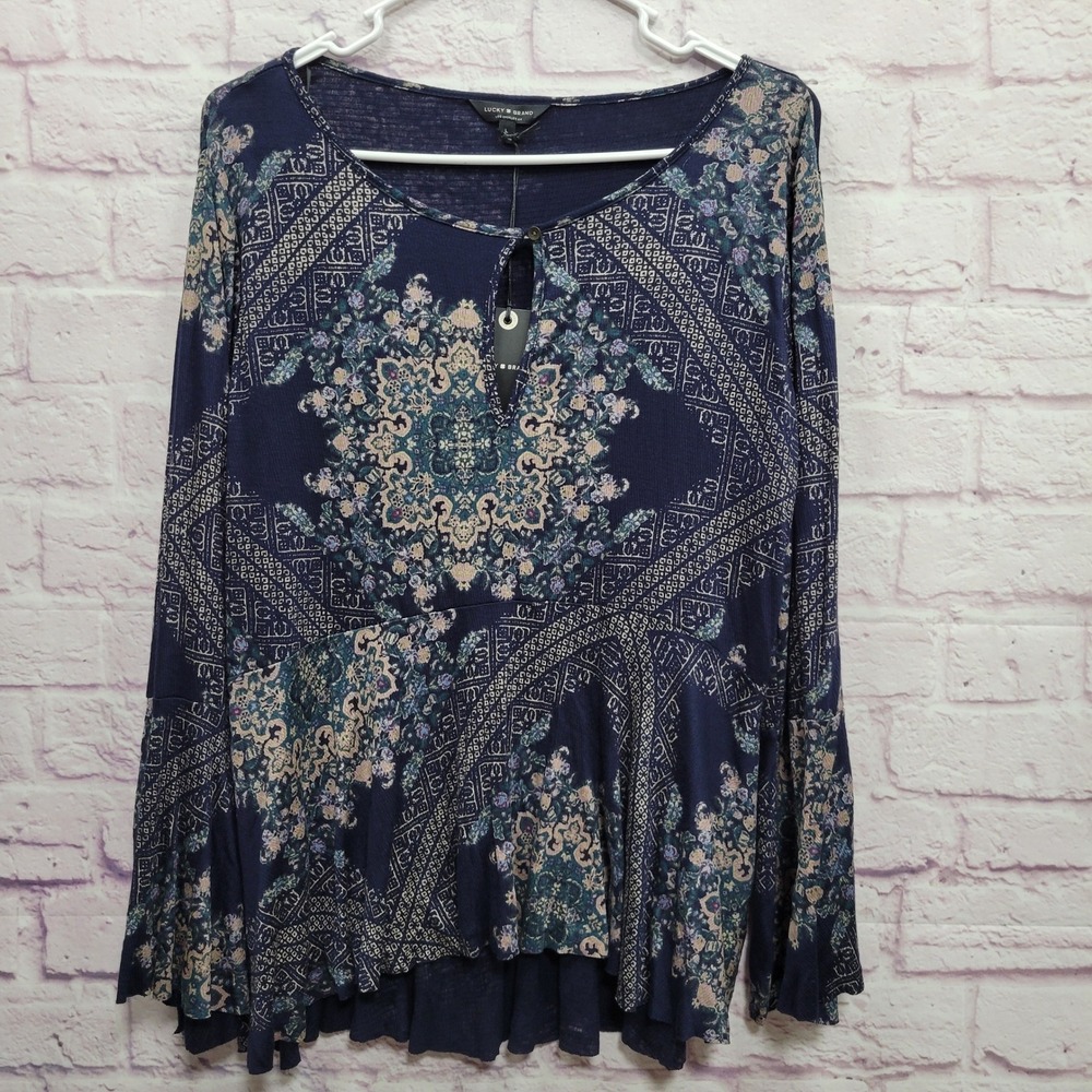 NEW Lucky Brand Boho Floral Mandala Blouse L Bell Sleeve Festival Peasant Hippie